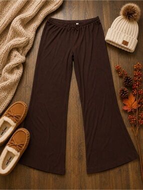 Auden Brown Ribbed Wide Leg Pajama Lounge Pants Size M